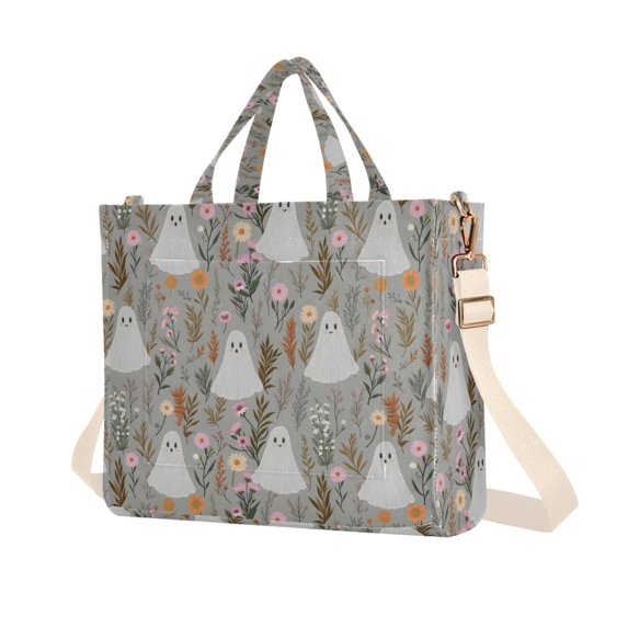 FORMRS Womens Corduroy Tote Bag Crossbody Shoulder Purse Handbag with Detachable Strap, Gray Cartoon Ghost