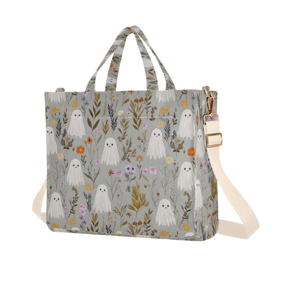 FORMRS Womens Corduroy Tote Bag Crossbody Shoulder Purse Handbag with Detachable Strap, Gray Floral Ghost