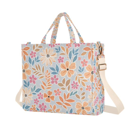 FORMRS Womens Corduroy Tote Bag Crossbody Shoulder Purse Handbag with Detachable Strap, Gray Floral Pattern