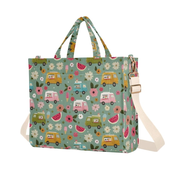 FORMRS Womens Corduroy Tote Bag Crossbody Shoulder Purse Handbag with Detachable Strap, Green Cartoon Trucks Pattern