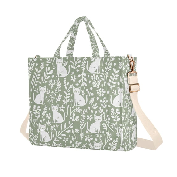 FORMRS Womens Corduroy Tote Bag Crossbody Shoulder Purse Handbag with Detachable Strap, Green Floral Cat Pattern