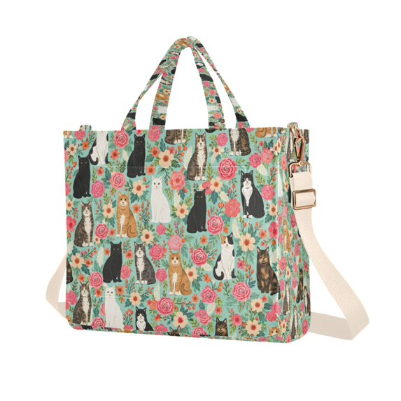 FORMRS Womens Corduroy Tote Bag Crossbody Shoulder Purse Handbag with Detachable Strap, Green Floral Cats Pattern