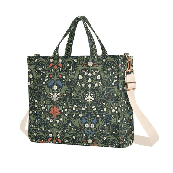 FORMRS Womens Corduroy Tote Bag Crossbody Shoulder Purse Handbag with Detachable Strap, Green Flowers Pattern