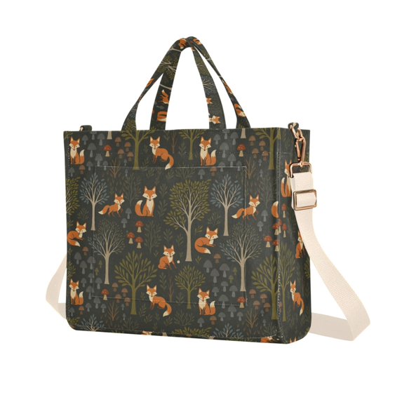 FORMRS Womens Corduroy Tote Bag Crossbody Shoulder Purse Handbag with Detachable Strap, Green Forest Fox Pattern