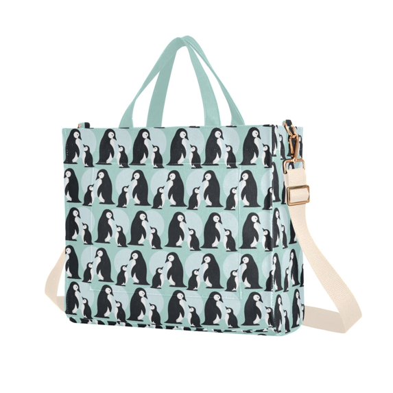 FORMRS Womens Corduroy Tote Bag Crossbody Shoulder Purse Handbag with Detachable Strap, Green Penguins Pattern
