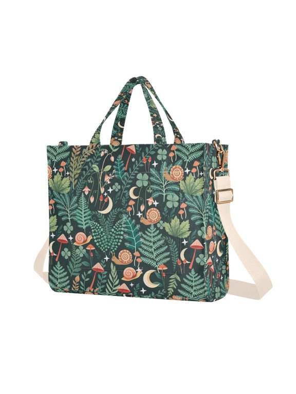 Womens Corduroy Tote Bag Crossbody Shoulder Purse Handbag with Detachable Strap, Green Vibrant Forest Pattern