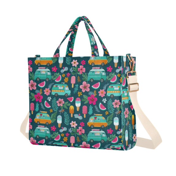 FORMRS Womens Corduroy Tote Bag Crossbody Shoulder Purse Handbag with Detachable Strap, Green Vibrant Truck Pattern