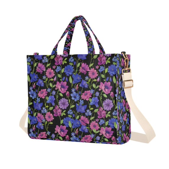 FORMRS Womens Corduroy Tote Bag Crossbody Shoulder Purse Handbag with Detachable Strap, Night Flower Blooms Pattern