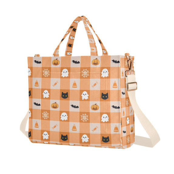 FORMRS Womens Corduroy Tote Bag Crossbody Shoulder Purse Handbag with Detachable Strap, Orange Ghost Plaid Pattern