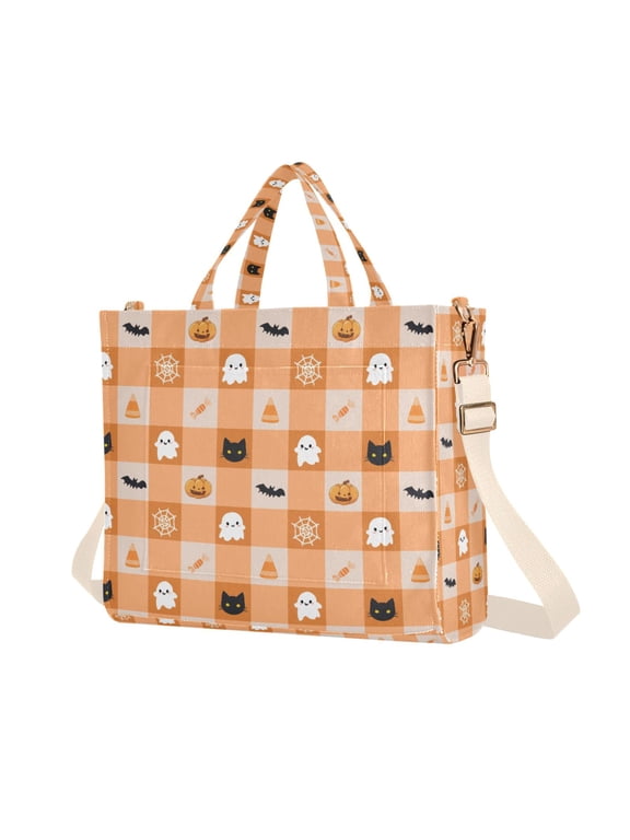 Womens Corduroy Tote Bag Crossbody Shoulder Purse Handbag with Detachable Strap, Orange Ghost Plaid Pattern