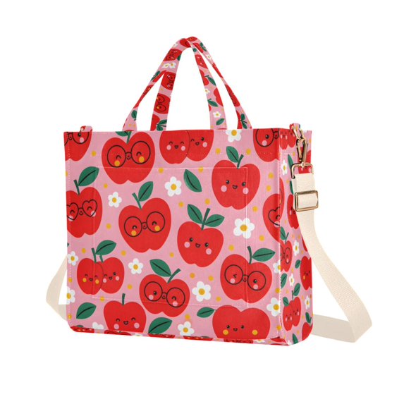 FORMRS Womens Corduroy Tote Bag Crossbody Shoulder Purse Handbag with Detachable Strap, Pink Cartoon Apples Pattern