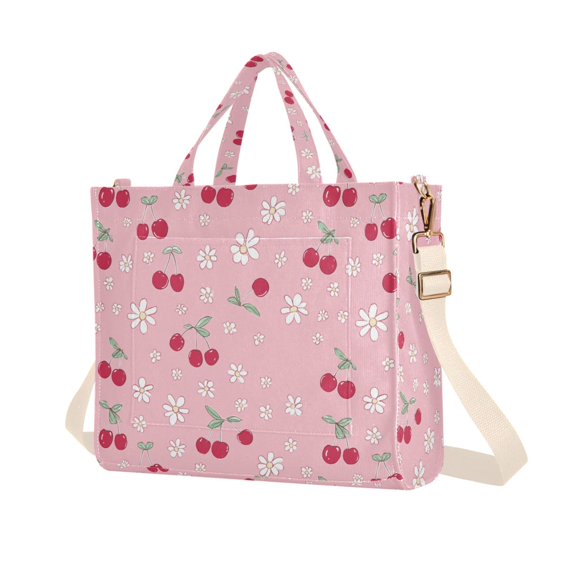 FORMRS Womens Corduroy Tote Bag Crossbody Shoulder Purse Handbag with Detachable Strap, Pink Cute Cherry Pattern