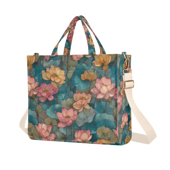 FORMRS Womens Corduroy Tote Bag Crossbody Shoulder Purse Handbag with Detachable Strap, Pink Water Lilies Pattern