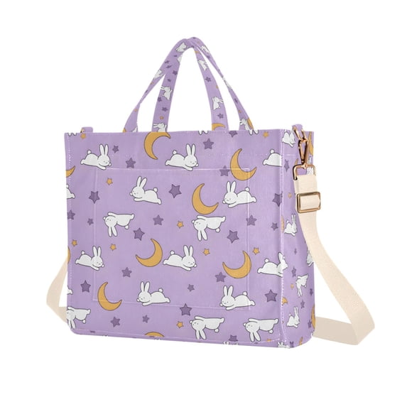 FORMRS Womens Corduroy Tote Bag Crossbody Shoulder Purse Handbag with Detachable Strap, Purple Cartoon Rabbit Pattern
