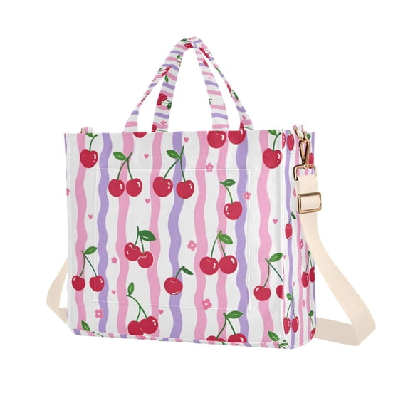 FORMRS Womens Corduroy Tote Bag Crossbody Shoulder Purse Handbag with Detachable Strap, Purple Stripe Cherry Pattern