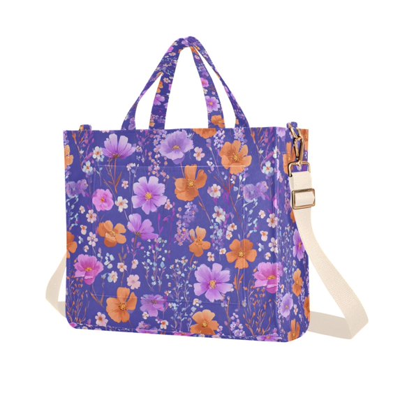 FORMRS Womens Corduroy Tote Bag Crossbody Shoulder Purse Handbag with Detachable Strap, Purple Wildflowers Pattern