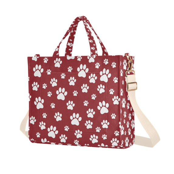 FORMRS Womens Corduroy Tote Bag Crossbody Shoulder Purse Handbag with Detachable Strap, Red Cartoon Paws Pattern