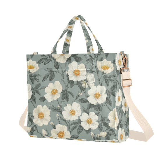 FORMRS Womens Corduroy Tote Bag Crossbody Shoulder Purse Handbag with Detachable Strap, Sage Green Flower Pattern