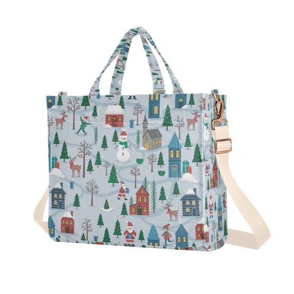 FORMRS Womens Corduroy Tote Bag Crossbody Shoulder Purse Handbag with Detachable Strap, Snowy Christmas Pattern