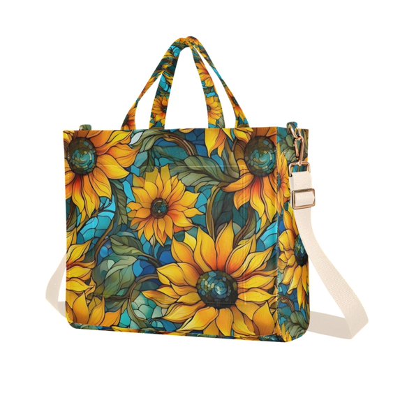 FORMRS Womens Corduroy Tote Bag Crossbody Shoulder Purse Handbag with Detachable Strap, Stained Glass Sunflowers Pattern