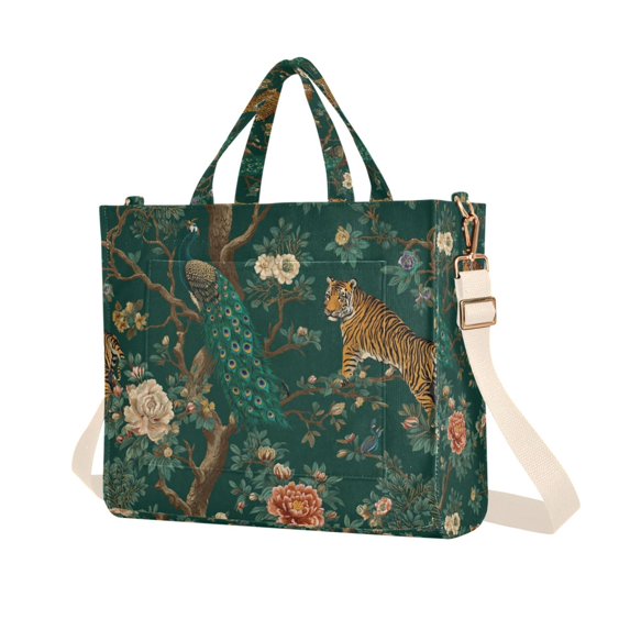 FORMRS Womens Corduroy Tote Bag Crossbody Shoulder Purse Handbag with Detachable Strap, Tiger and Peacock Pattern