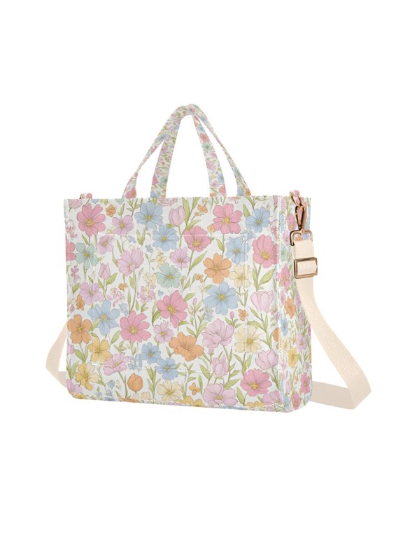 Womens Corduroy Tote Bag Crossbody Shoulder Purse Handbag with Detachable Strap, Watercolor Flowers Pattern