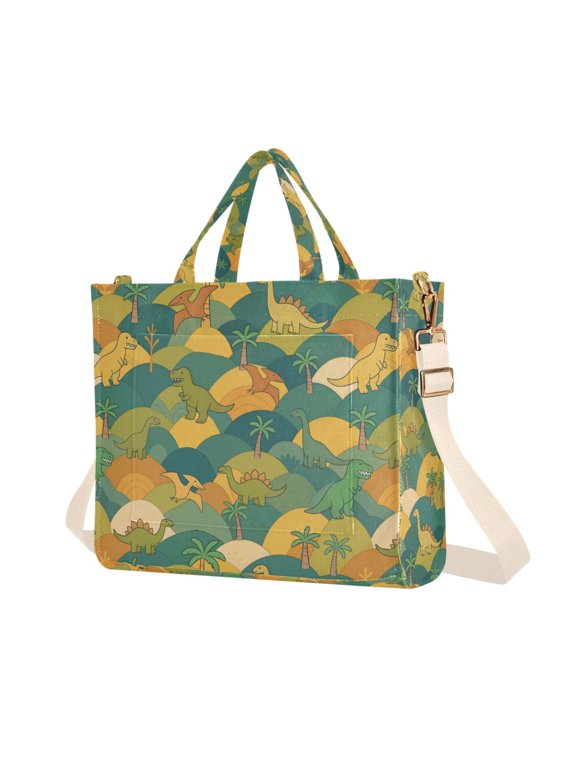 Womens Corduroy Tote Bag Crossbody Shoulder Purse Handbag with Detachable Strap, Whimsical Dinosaur Pattern