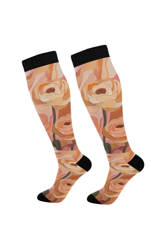 Womens Knee High Socks Casual Long Thick Travel Daily Wear, 1 Pair, Abstract Orange Flowers