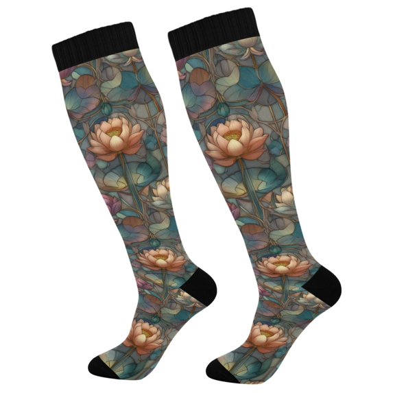 FORMRS Womens Knee High Socks Casual Long Thick Travel Daily Wear, 1 Pair, Abstract Water Lilies Pattern