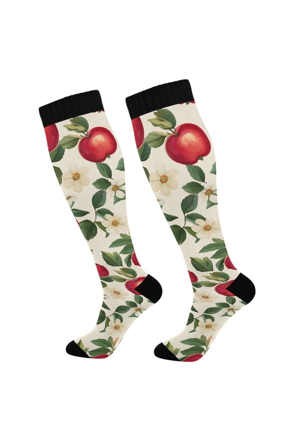 Womens Knee High Socks Casual Long Thick Travel Daily Wear, 1 Pair, Apple Leaves Pattern