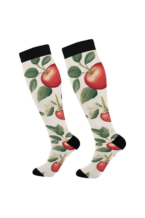 Womens Knee High Socks Casual Long Thick Travel Daily Wear, 1 Pair, Apples Flower Pattern