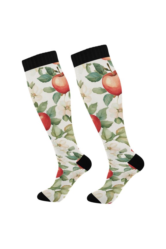 Womens Knee High Socks Casual Long Thick Travel Daily Wear, 1 Pair, Beige Apple Pattern