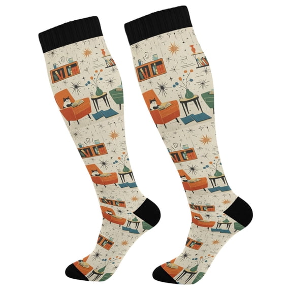 FORMRS Womens Knee High Socks Casual Long Thick Travel Daily Wear, 1 Pair, Beige Cats Reading