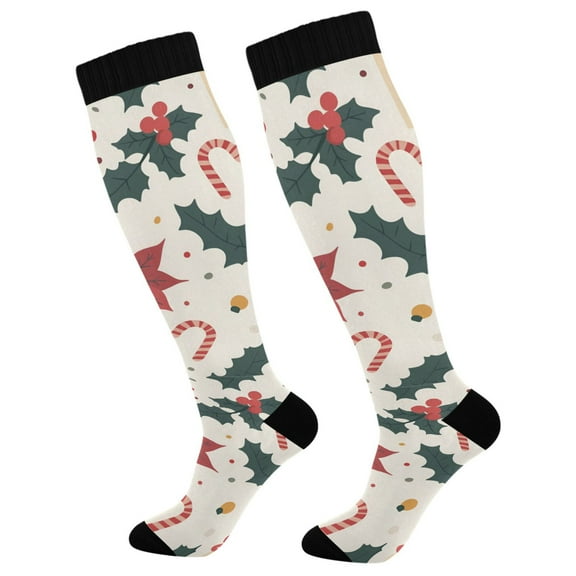 FORMRS Womens Knee High Socks Casual Long Thick Travel Daily Wear, 1 Pair, Beige Christmas Candy Canes