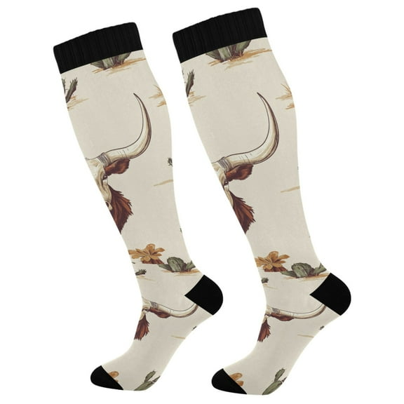 FORMRS Womens Knee High Socks Casual Long Thick Travel Daily Wear, 1 Pair, Beige Cowboy Pattern