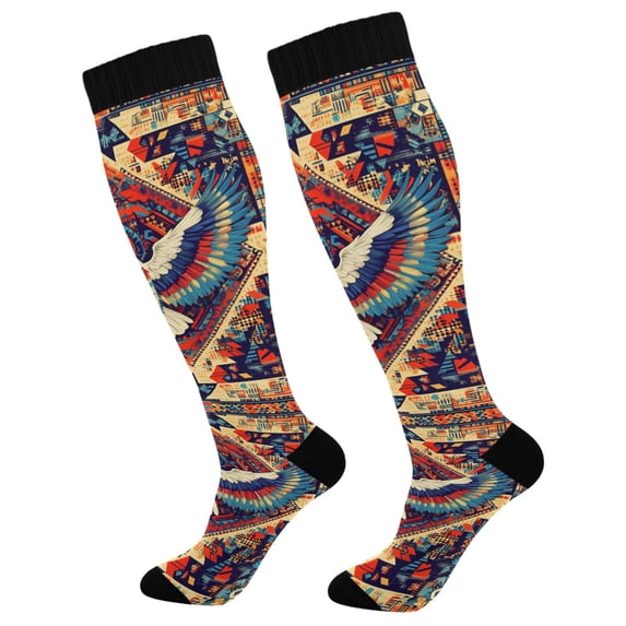 FORMRS Womens Knee High Socks Casual Long Thick Travel Daily Wear, 1 Pair, Beige Geometric Eagle