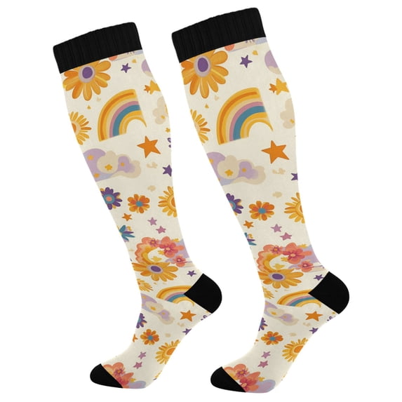 FORMRS Womens Knee High Socks Casual Long Thick Travel Daily Wear, 1 Pair, Beige Retro Rainbow