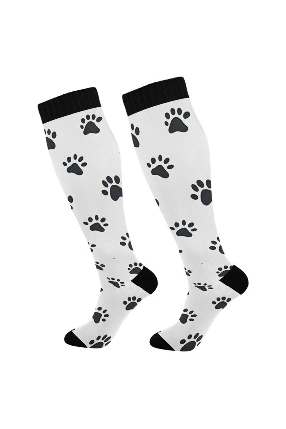 Womens Knee High Socks Casual Long Thick Travel Daily Wear, 1 Pair, Black Cartoon Cat Paw