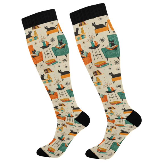 FORMRS Womens Knee High Socks Casual Long Thick Travel Daily Wear, 1 Pair, Black Cats Reading