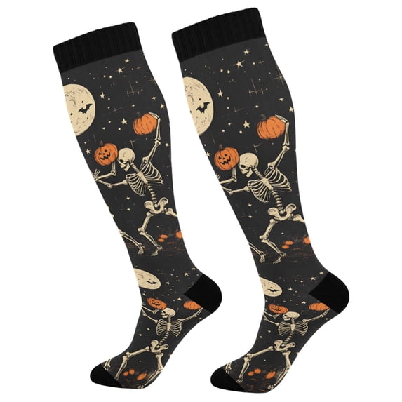 FORMRS Womens Knee High Socks Casual Long Thick Travel Daily Wear, 1 Pair, Black Halloween Dancing Skeleton