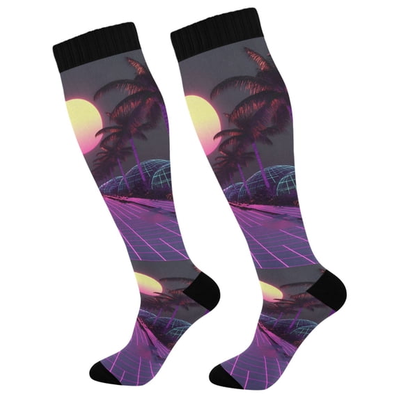 FORMRS Womens Knee High Socks Casual Long Thick Travel Daily Wear, 1 Pair, Black Neon Road