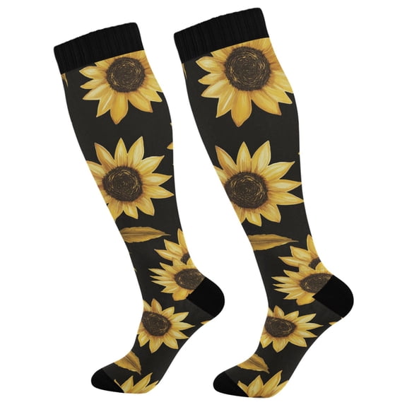 FORMRS Womens Knee High Socks Casual Long Thick Travel Daily Wear, 1 Pair, Black Sunflower Pattern