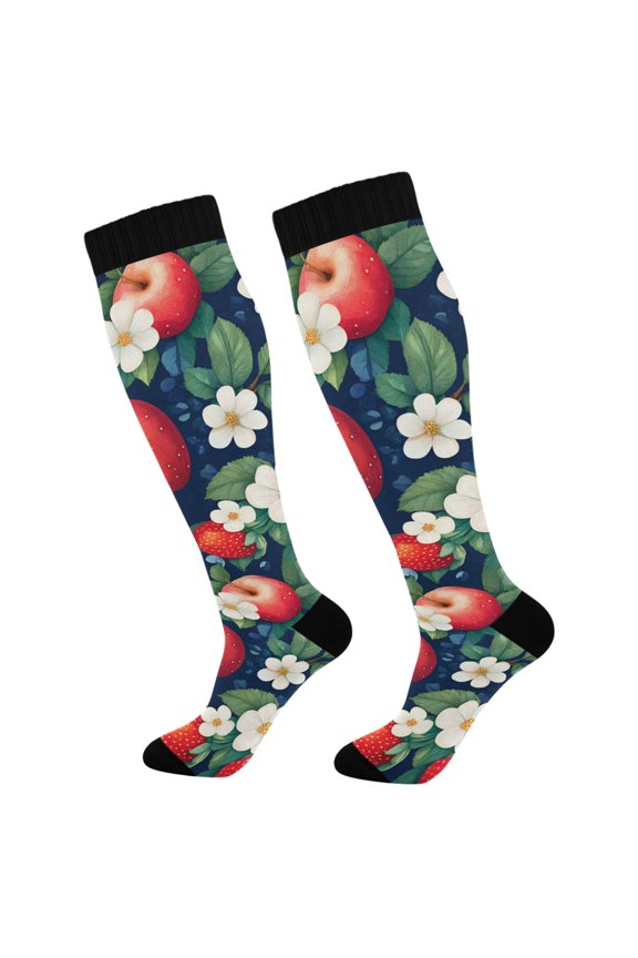 Womens Knee High Socks Casual Long Thick Travel Daily Wear, 1 Pair, Blue Apple Pattern