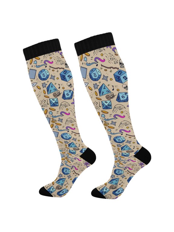 Womens Knee High Socks Casual Long Thick Travel Daily Wear, 1 Pair, Blue Dice Pattern