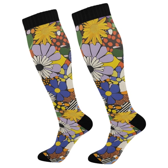 FORMRS Womens Knee High Socks Casual Long Thick Travel Daily Wear, 1 Pair, Blue Floral