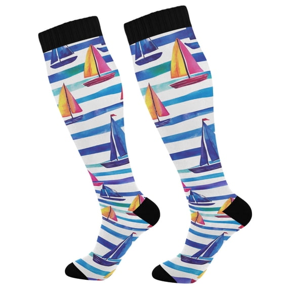 FORMRS Womens Knee High Socks Casual Long Thick Travel Daily Wear, 1 Pair, Blue Hand Drawn Sailboats