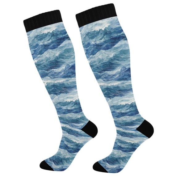 FORMRS Womens Knee High Socks Casual Long Thick Travel Daily Wear, 1 Pair, Blue Watercolor Ocean Waves