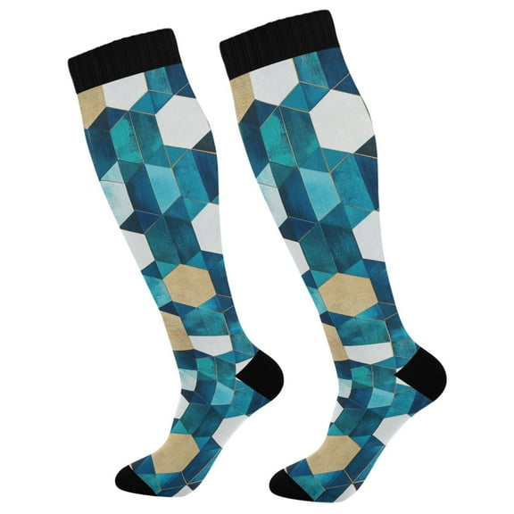 FORMRS Womens Knee High Socks Casual Long Thick Travel Daily Wear, 1 Pair, Blue White Geometric Patterns