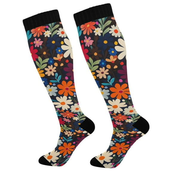 FORMRS Womens Knee High Socks Casual Long Thick Travel Daily Wear, 1 Pair, Bright Colorful Flowers Pattern