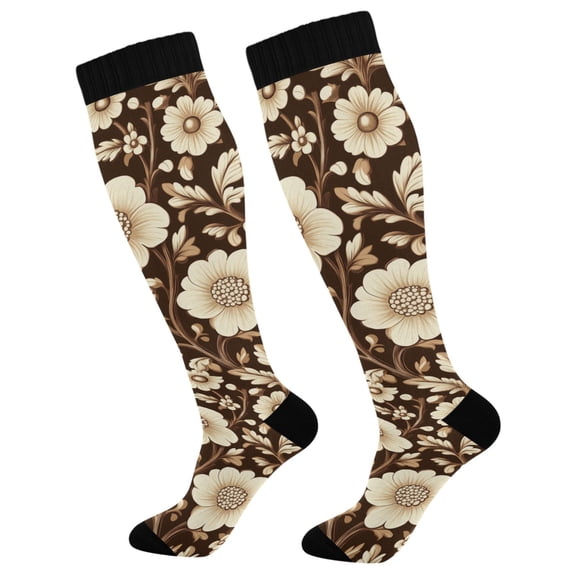 FORMRS Womens Knee High Socks Casual Long Thick Travel Daily Wear, 1 Pair, Brown Floral